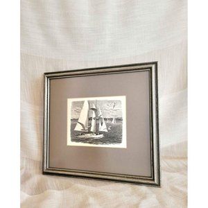 Vintage Framed Charcoal Sailboat + Seagull Art